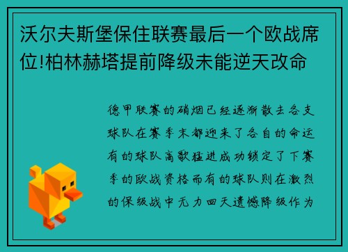 沃尔夫斯堡保住联赛最后一个欧战席位!柏林赫塔提前降级未能逆天改命