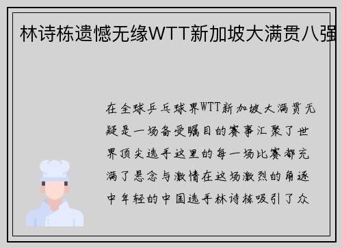 林诗栋遗憾无缘WTT新加坡大满贯八强