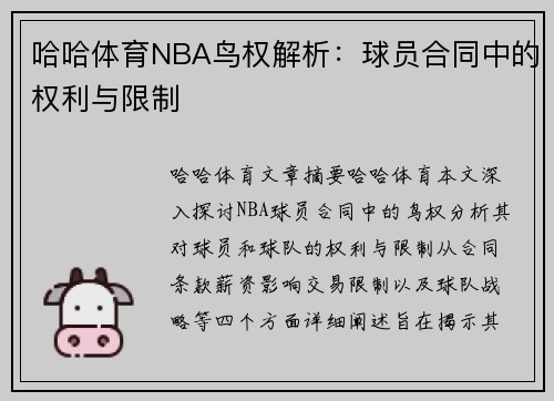 哈哈体育NBA鸟权解析：球员合同中的权利与限制